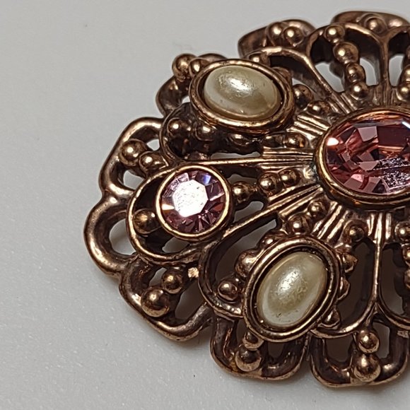 Vintage Gold Tone With Pink Stones Oval Shaped Brooch - Picture 3 of 16